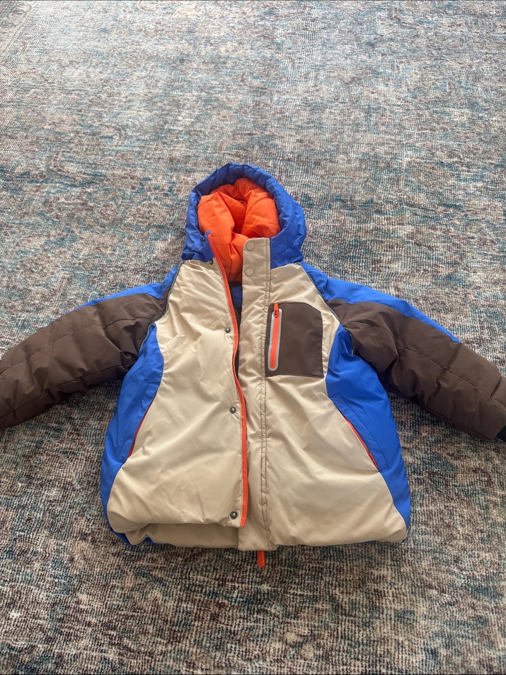 Zara Colorblock Puffer Jacket in Blue, Brown & Cream with Orange Lining